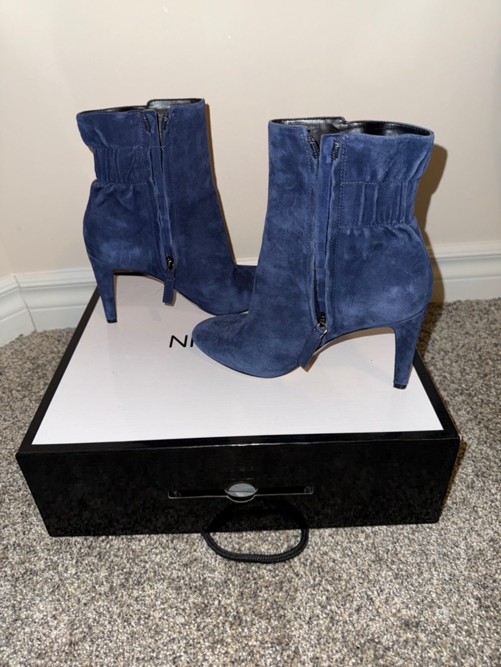 Nine West Navy Suede Pointed Toe Ankle Booties with Side Zip